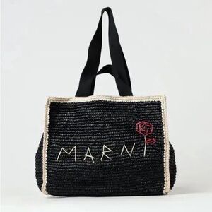*new with tags* Marni Black Woven Tote with Cream Trim and Red Rose Accent